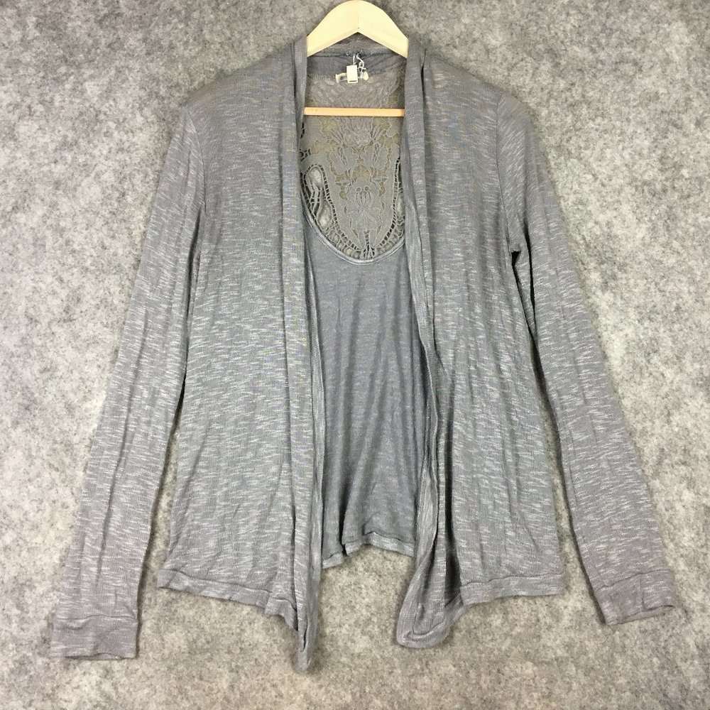 Urban Outfitters Silence Noise Cardigan L Slub Gray Lace Inset Open Front Career